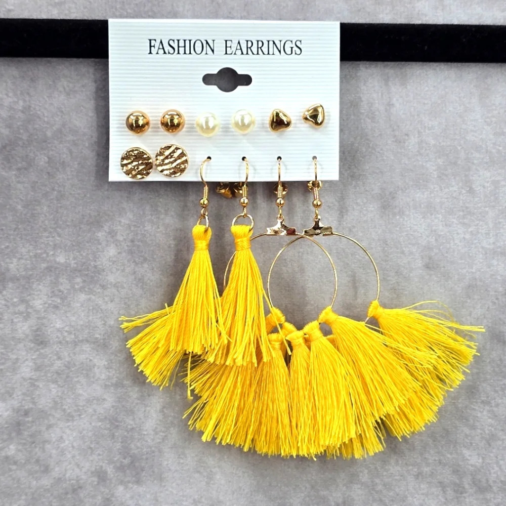 Gold Yellow Tassel Drop Dangle Stud Set Hook Fashion Jewelry Earrings JB2-55